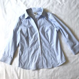 Anne Klein Women Blouse Blue White Stripe S Button Up 3/4 Sleeve V-Neck Collared
